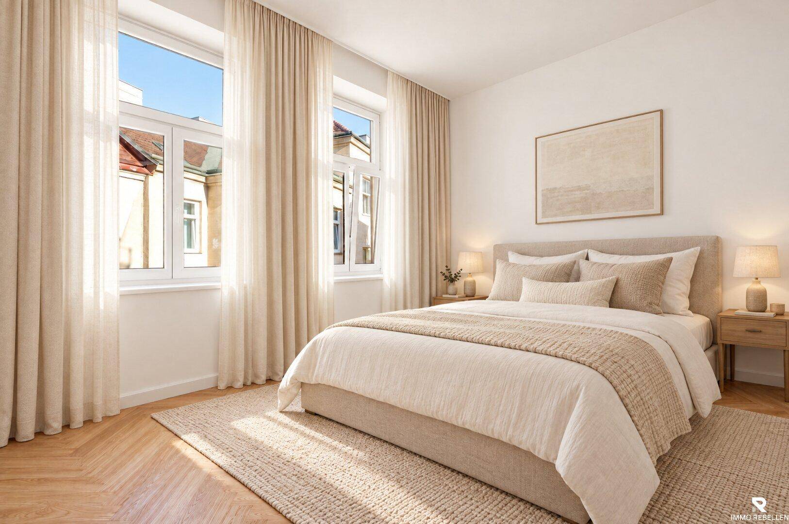 Gemütliches Schlafzimmer mit großem Bett, beigen Vorhängen und Holzboden, hell beleuchtet.