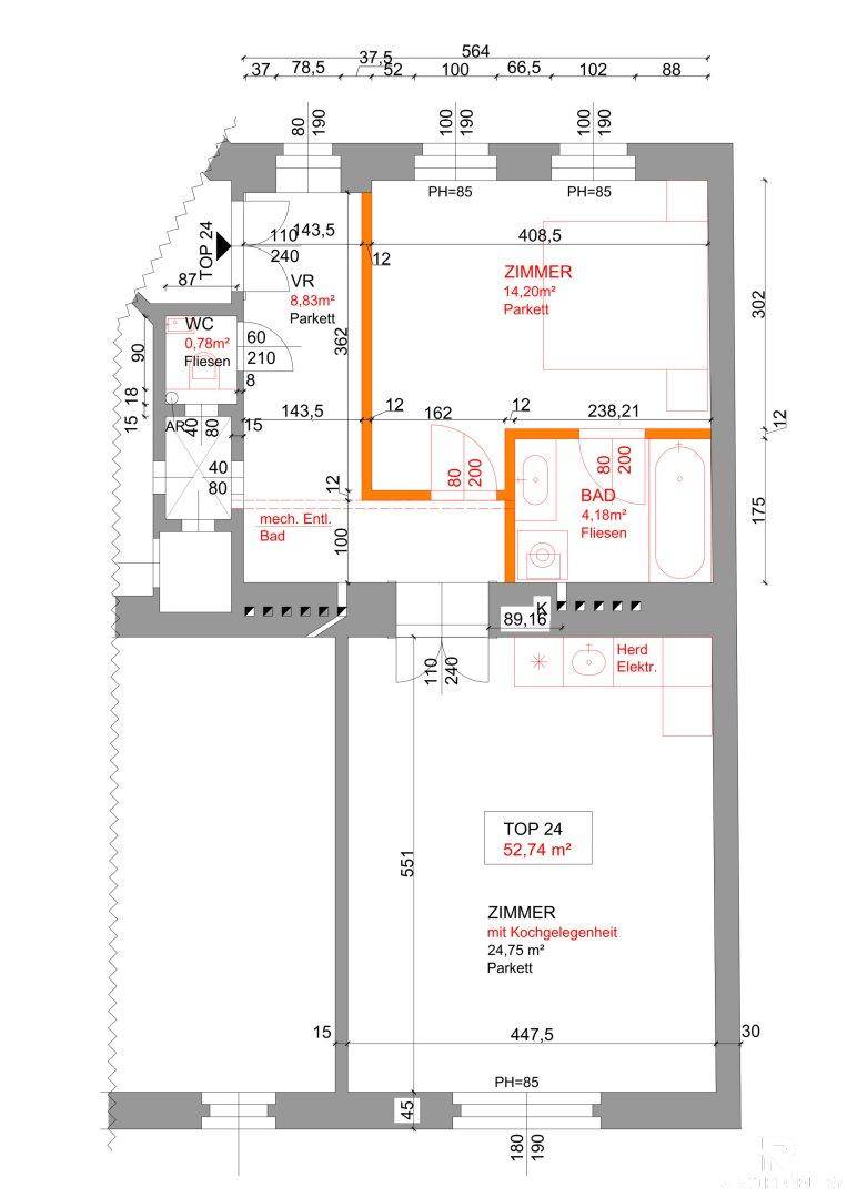 Grundriss einer Wohnung mit zwei Zimmern, Bad und separatem WC, inklusive Maßen.