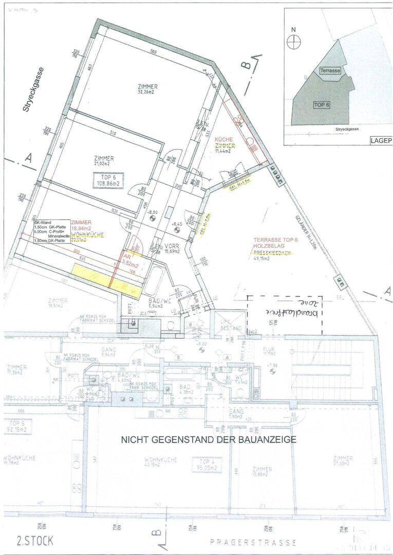 Technischer Grundriss der Wohnung mit Maßen und Raumaufteilung im 2. Stock.