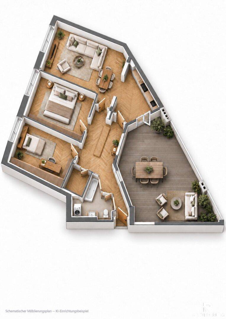 Schematischer Möblierungsplan einer Wohnung mit drei Zimmern und großer Terrasse.