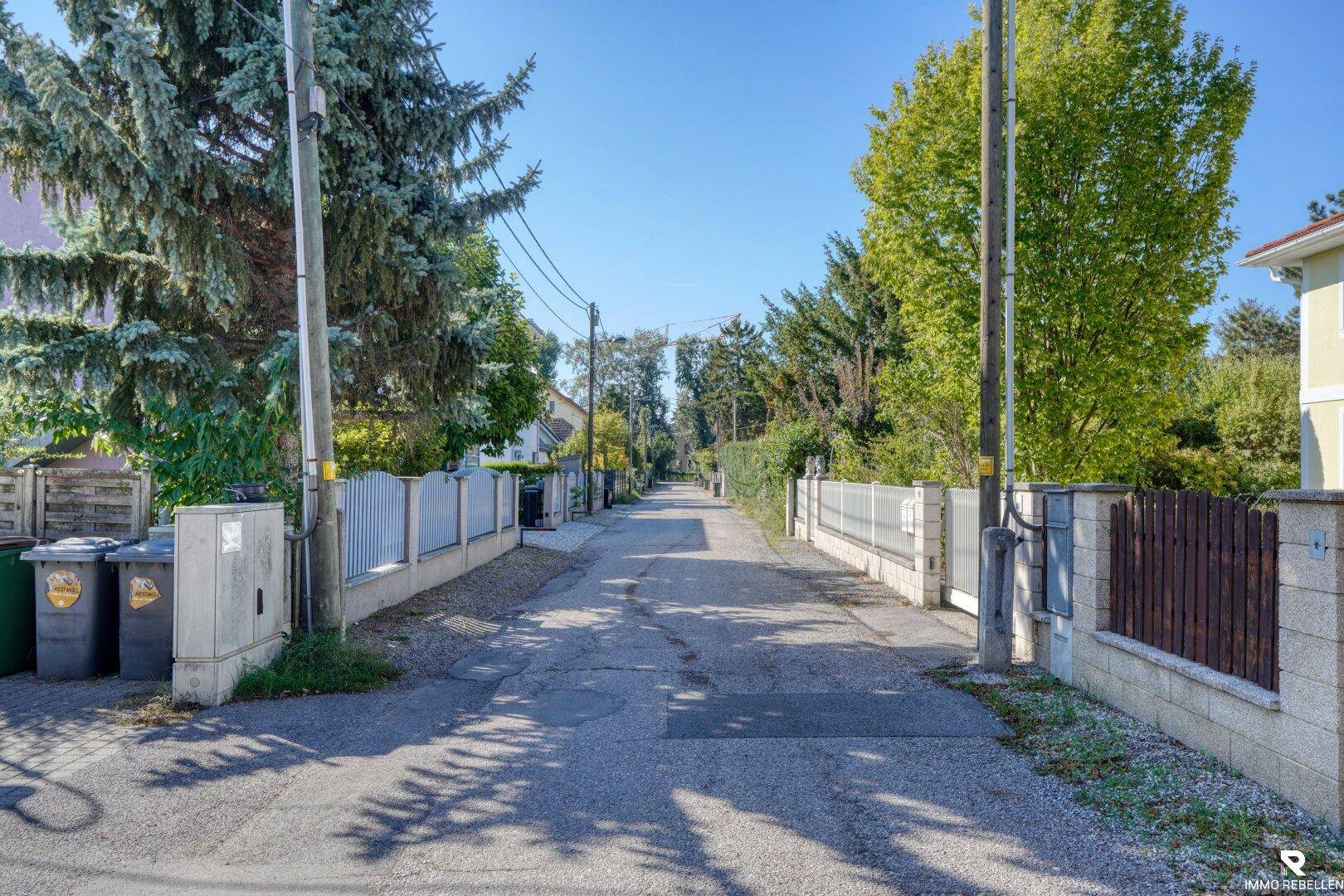 Ruhige Wohnstraße mit Bäumen und Zäunen, die die Grundstücke voneinander abgrenzen.