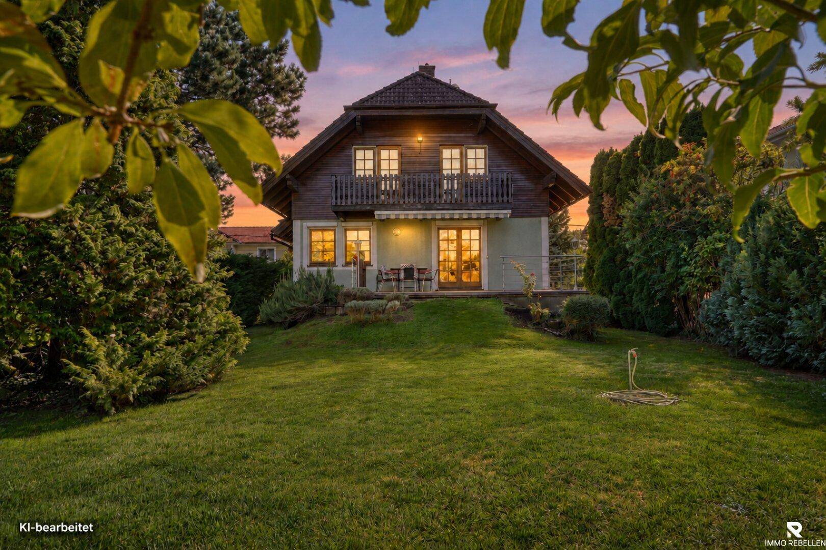 Das Einfamilienhaus im Abendlicht, umgeben von einem weitläufigen Garten mit altem Baumbestand.