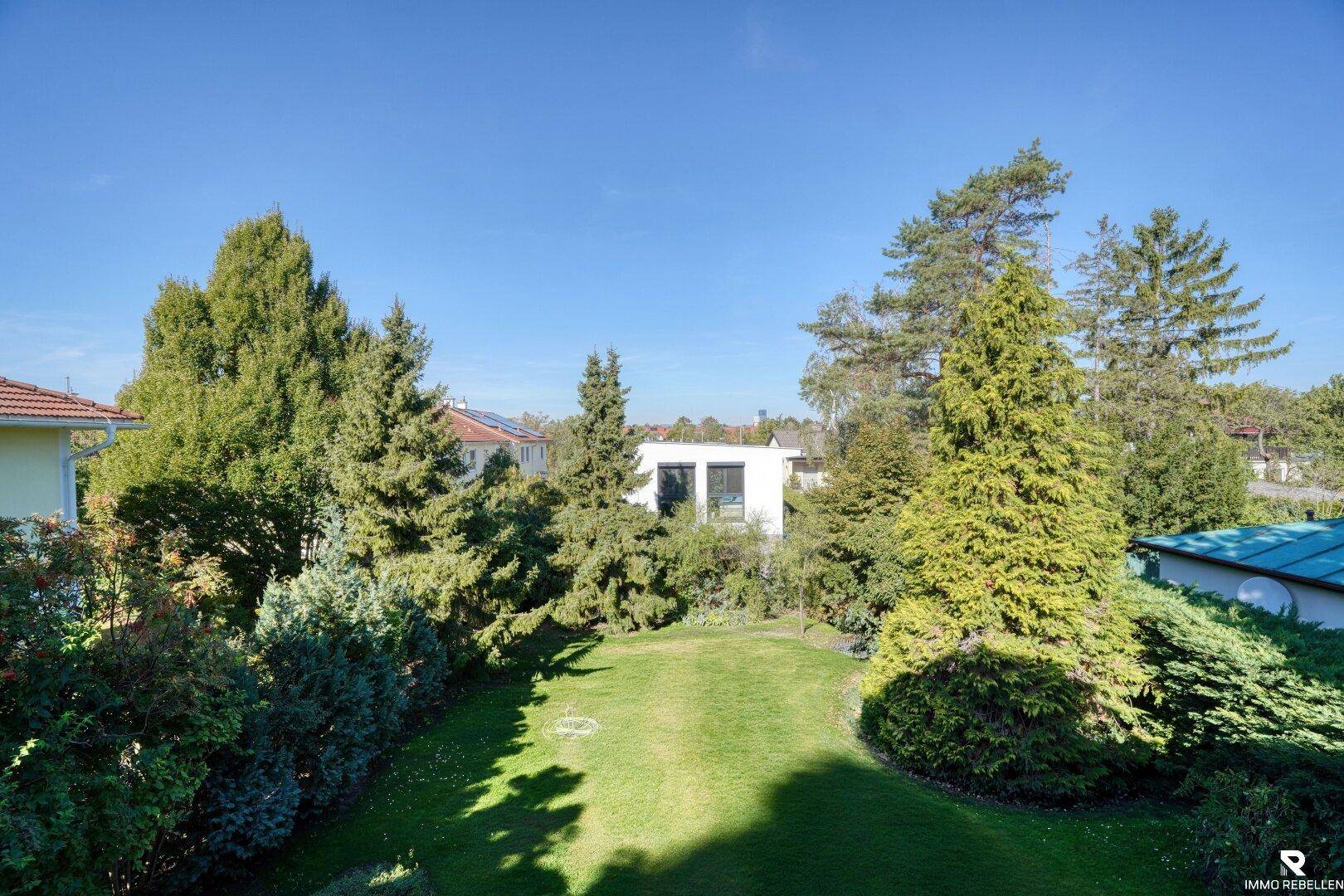 Weitläufiger Garten mit Rasenfläche und hohen Bäumen, umgeben von weiteren Häusern.