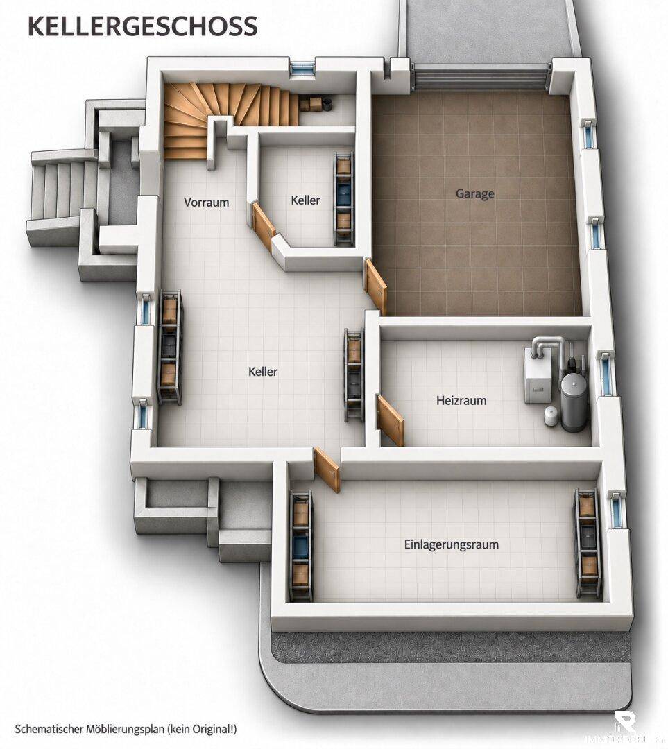 Grundriss des Kellergeschosses mit Garage, Heizraum, Vorraum und mehreren Kellerräumen.