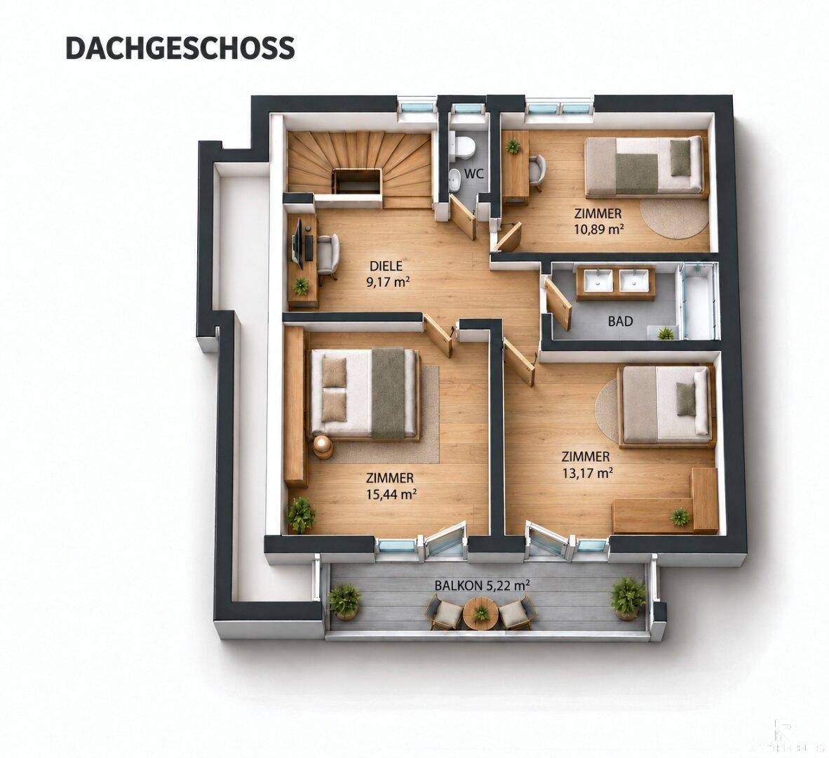 Grundriss des Dachgeschosses mit drei Schlafzimmern, Bad, WC und einem Balkon.