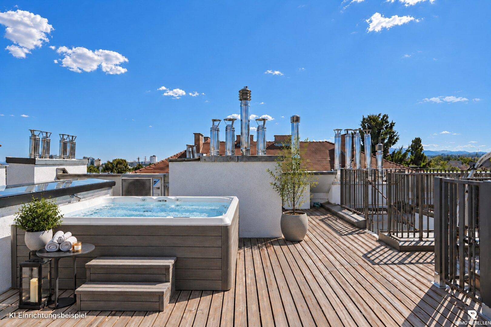 Große Dachterrasse mit Whirlpool, Holzdeck und weitem Blick über die Stadt und Berge.