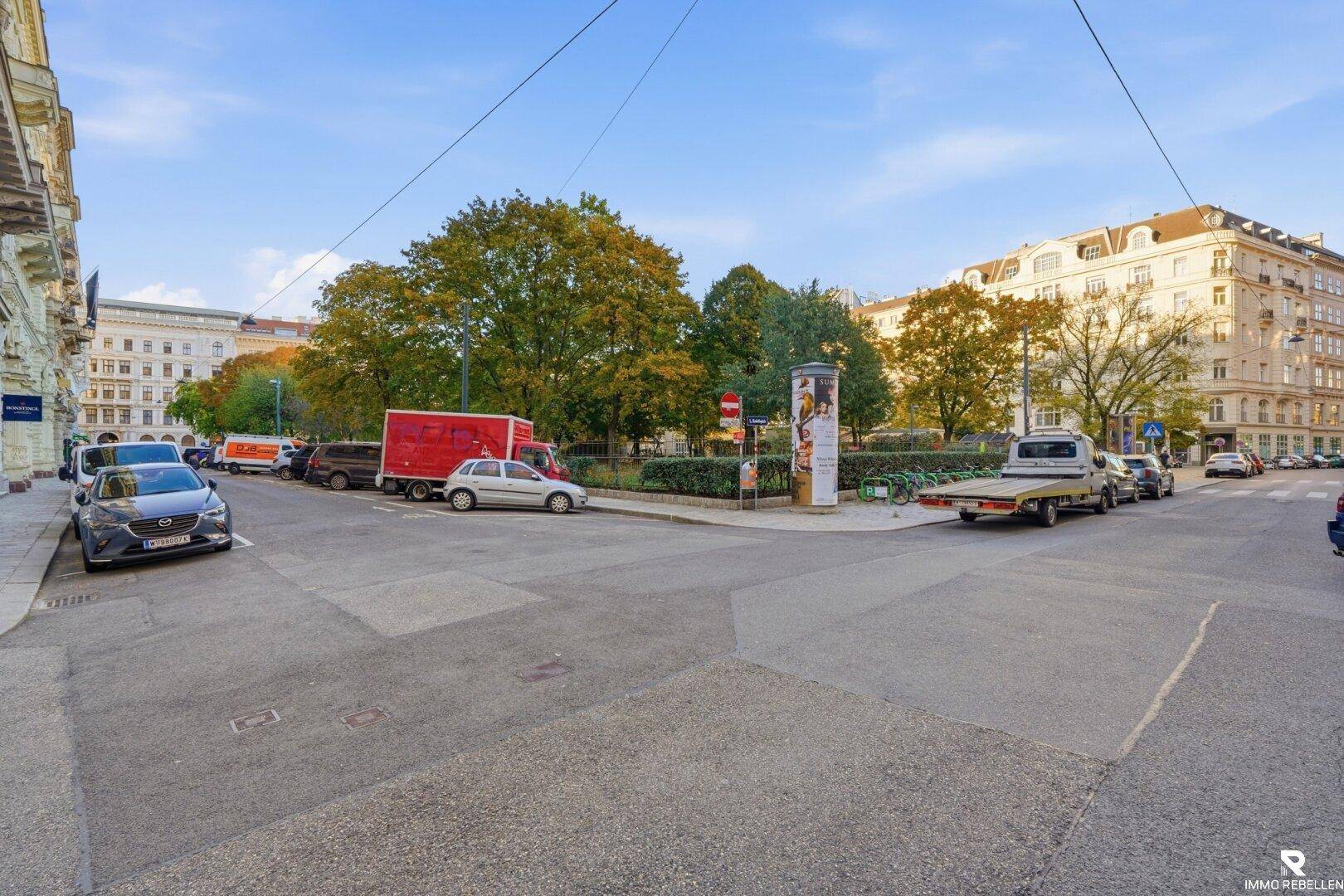 Straßenansicht mit parkenden Autos und einem kleinen Park im Hintergrund.
