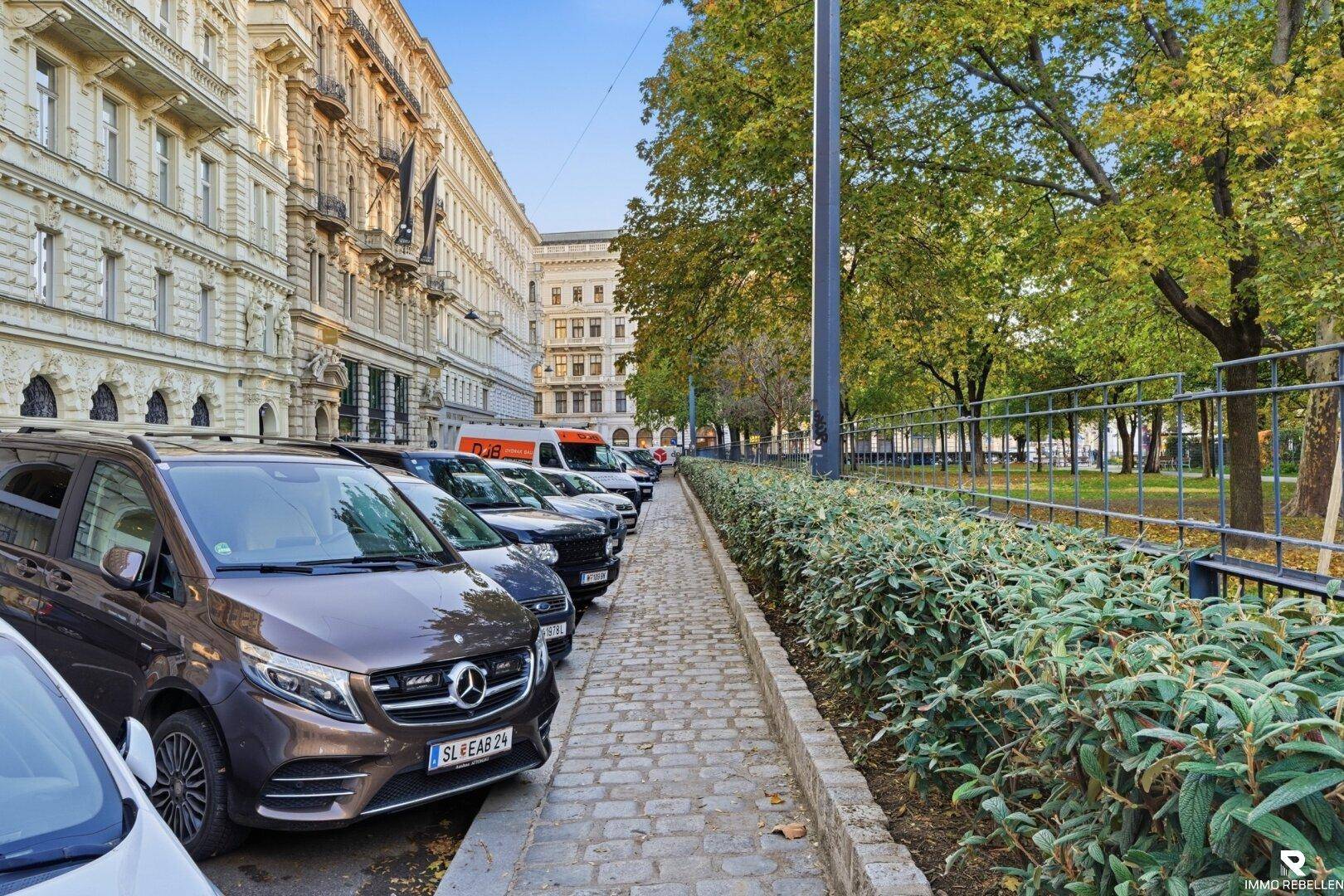 Parkende Autos entlang einer Straße mit Hecke und Bäumen.