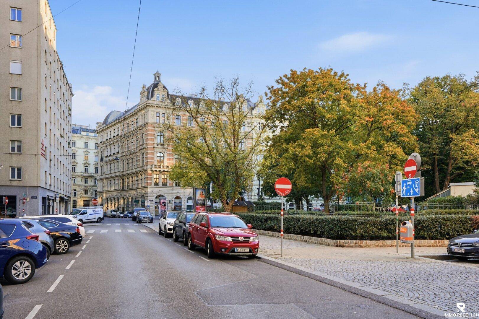 Stadtansicht mit parkenden Autos, Bäumen und historischen Gebäuden.