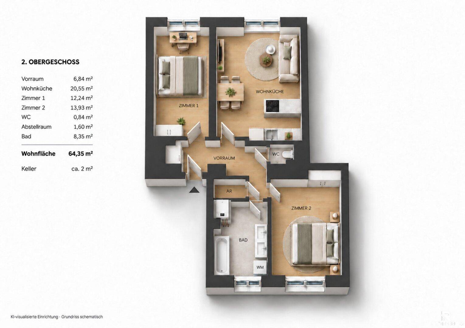 Schematischer Grundriss einer 64,35 m² großen Wohnung im 2. Obergeschoss.