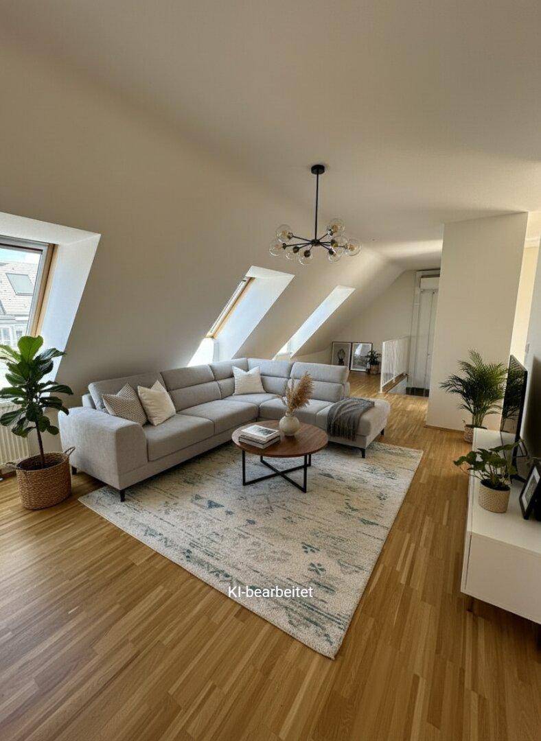 Gemütliches Wohnzimmer mit modernem Sofa, Holzboden und viel Tageslicht durch Dachfenster.
