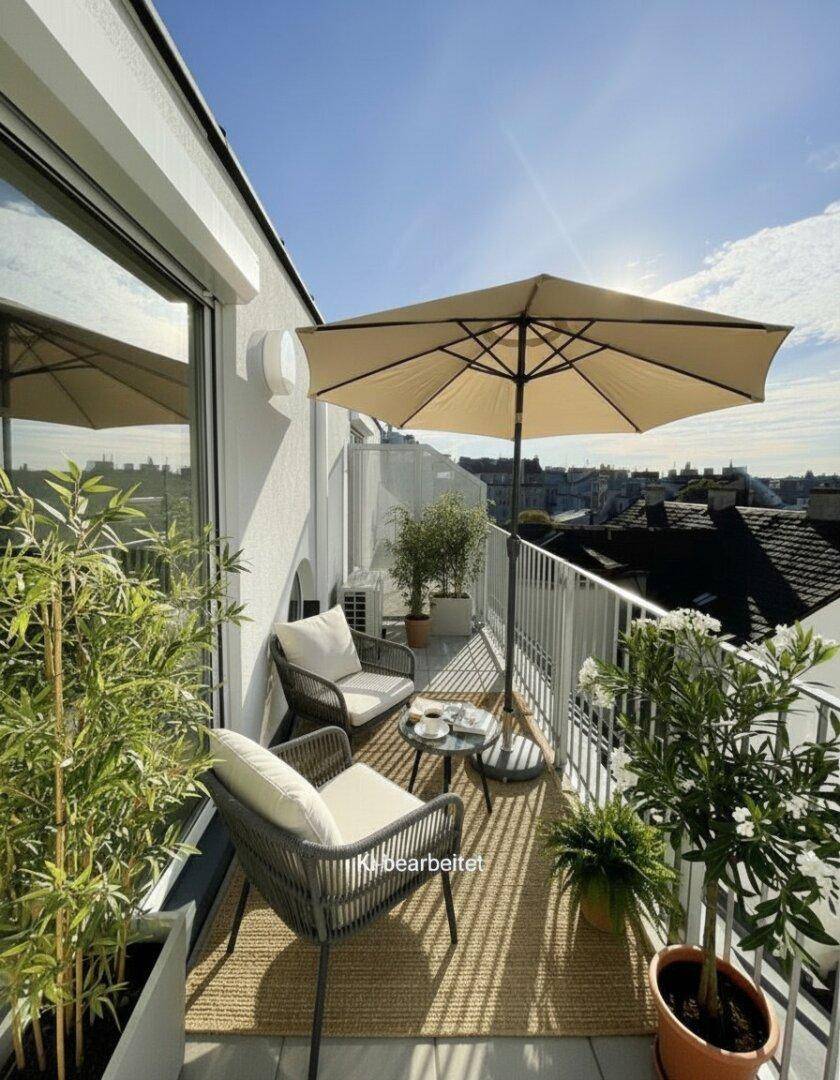Sonniger Balkon mit bequemen Sitzgelegenheiten, Pflanzen und Blick über die Dächer der Stadt.