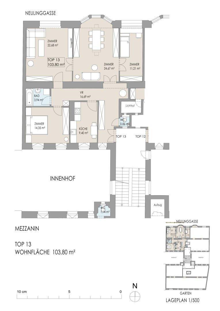 Grundriss der Mezzanin-Wohnung Top 13 mit 103,80 m² Wohnfläche und Innenhofblick.