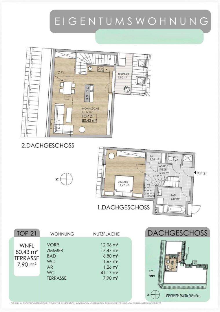 Grundriss der Eigentumswohnung im 1. und 2. Dachgeschoss mit Terrasse.