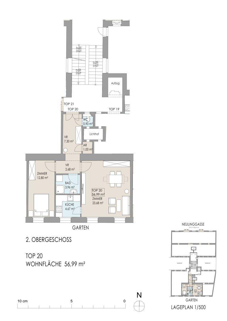 Grundriss der Wohnung TOP 20 im zweiten Obergeschoss mit Wohnbereich, Küche und kleinem Garten.
