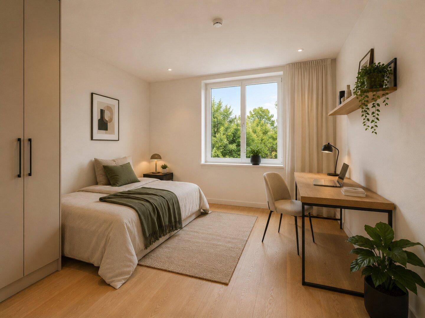 Gemütliches Schlafzimmer mit Schreibtisch, Einzelbett und Fenster mit Blick ins Grüne.