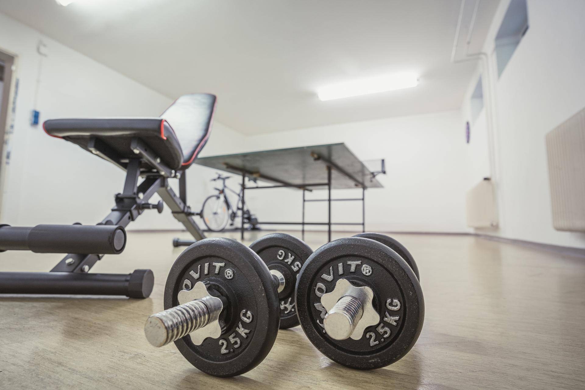 Fitnessbereich im Untergeschoss mit Hanteln, Hantelbank und Tischtennisplatte im Hintergrund.