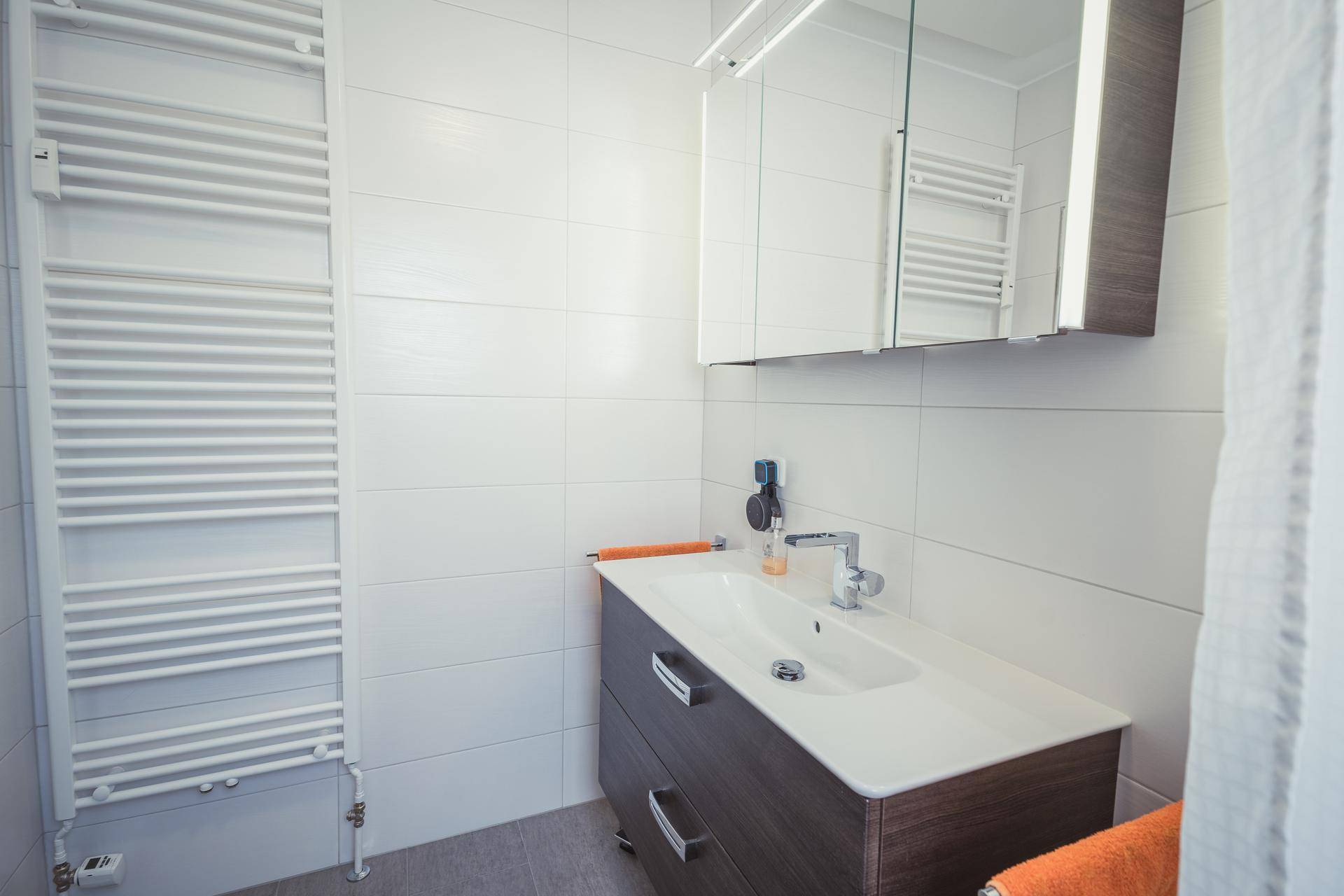 Badezimmer mit Waschtisch, Spiegelschrank und praktischem beheiztem Handtuchhalter.