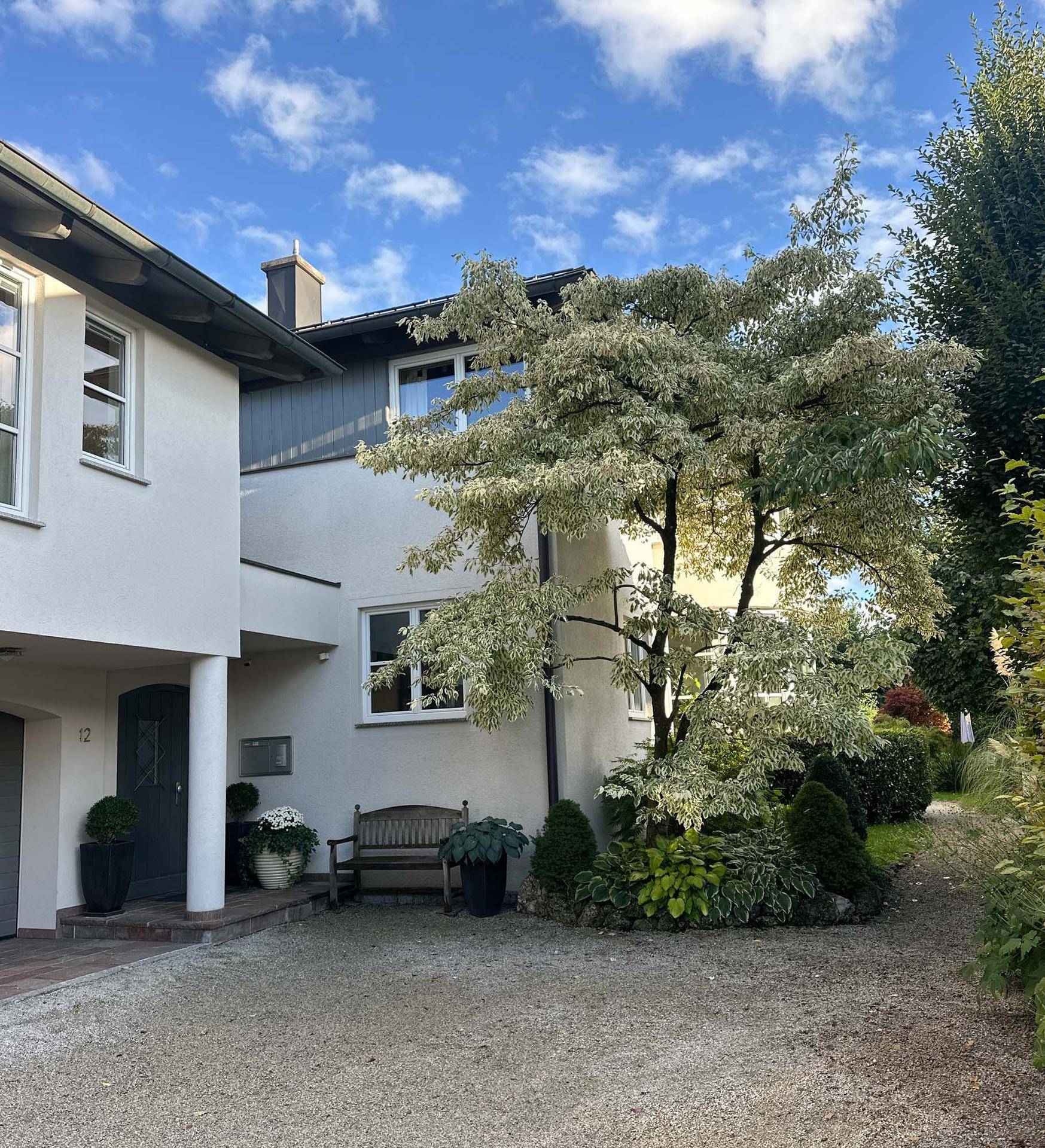 Eingangsbereich des Hauses mit gepflegtem Vorgarten, Baum und Kiesauffahrt.