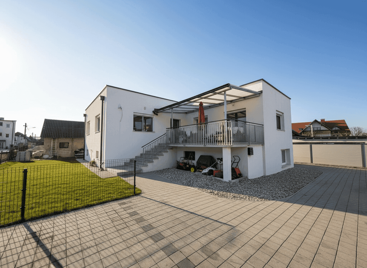 Ansicht des modernen Hauses mit überdachter Terrasse, Kiesfläche und gepflasterter Auffahrt.