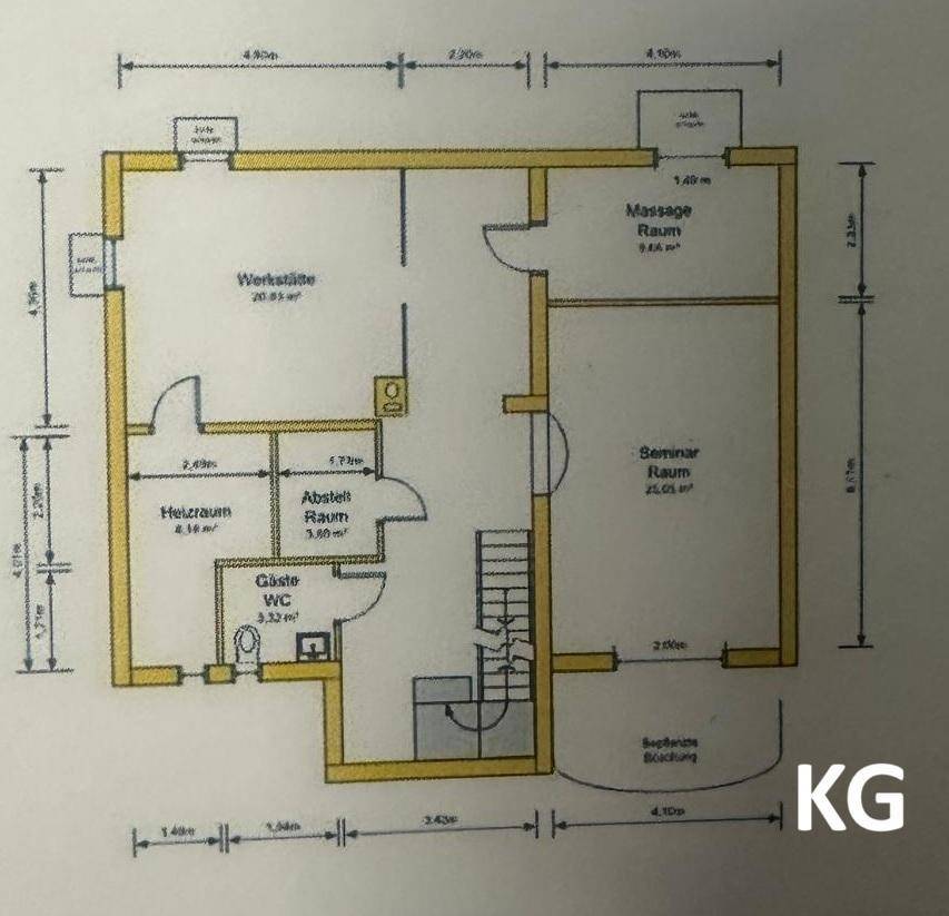 Grundriss des Kellergeschosses mit Werkstatt, Heizraum, Abstellraum und Gäste-WC.