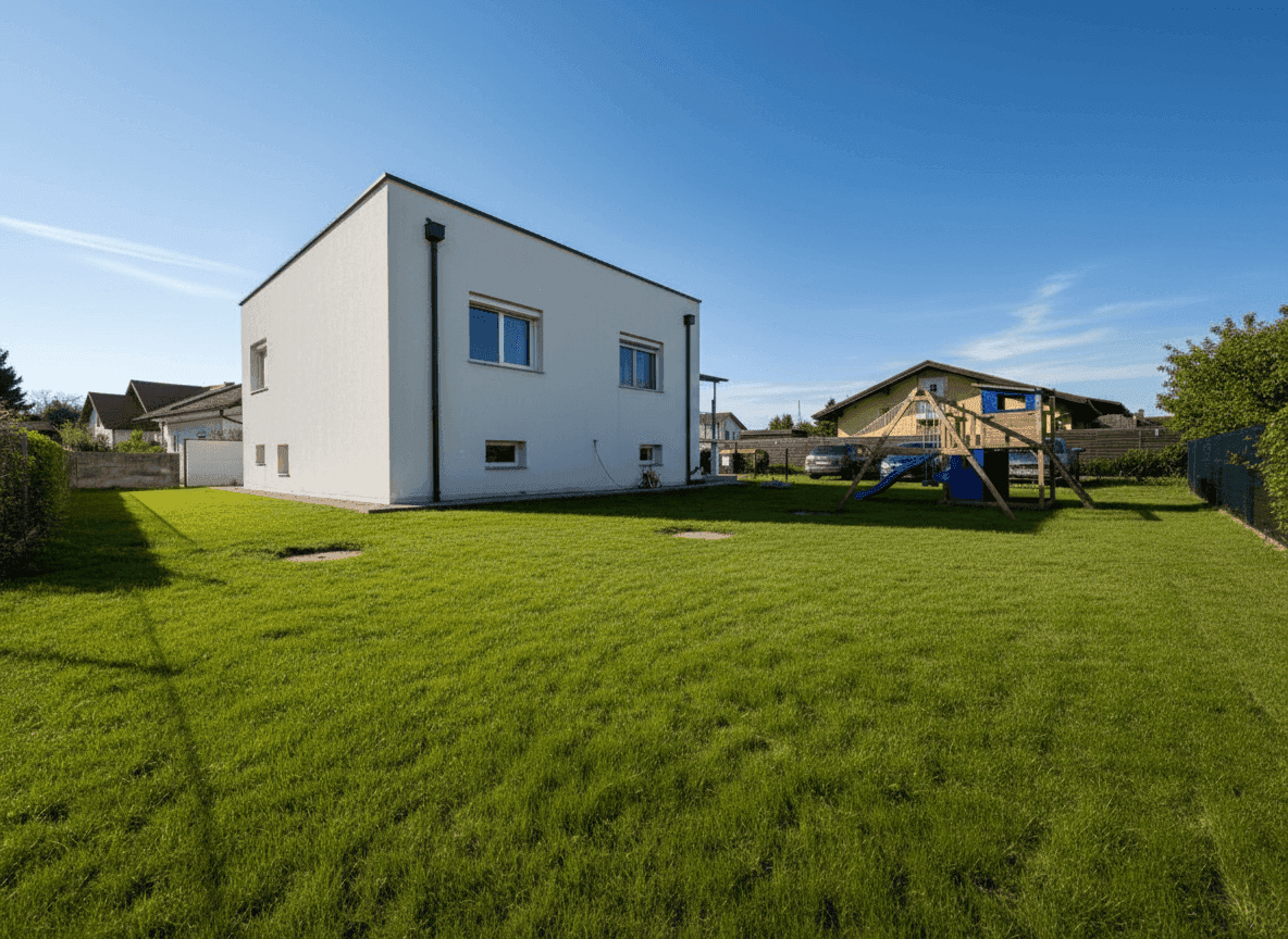 Großer, gepflegter Rasenbereich im Garten des modernen Einfamilienhauses unter blauem Himmel.