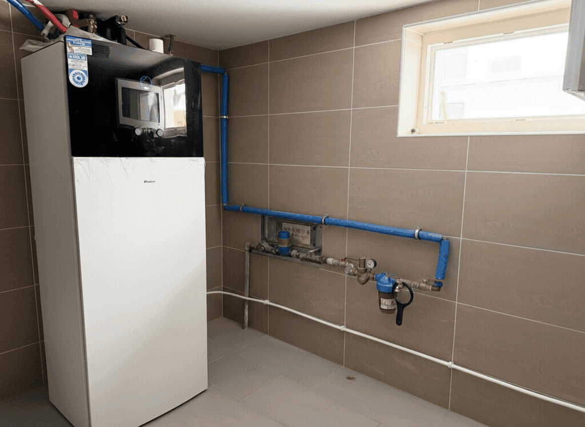 Wirtschaftsraum mit Wärmepumpe, gefliesten Wänden und kleinem Fenster.