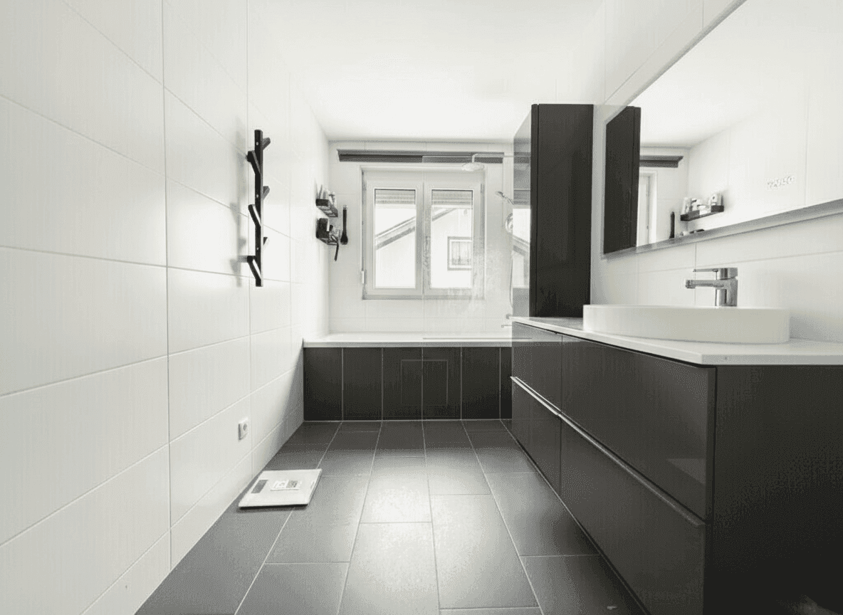Modernes Badezimmer mit dunklen und weißen Fliesen, Badewanne und großem Waschtisch.