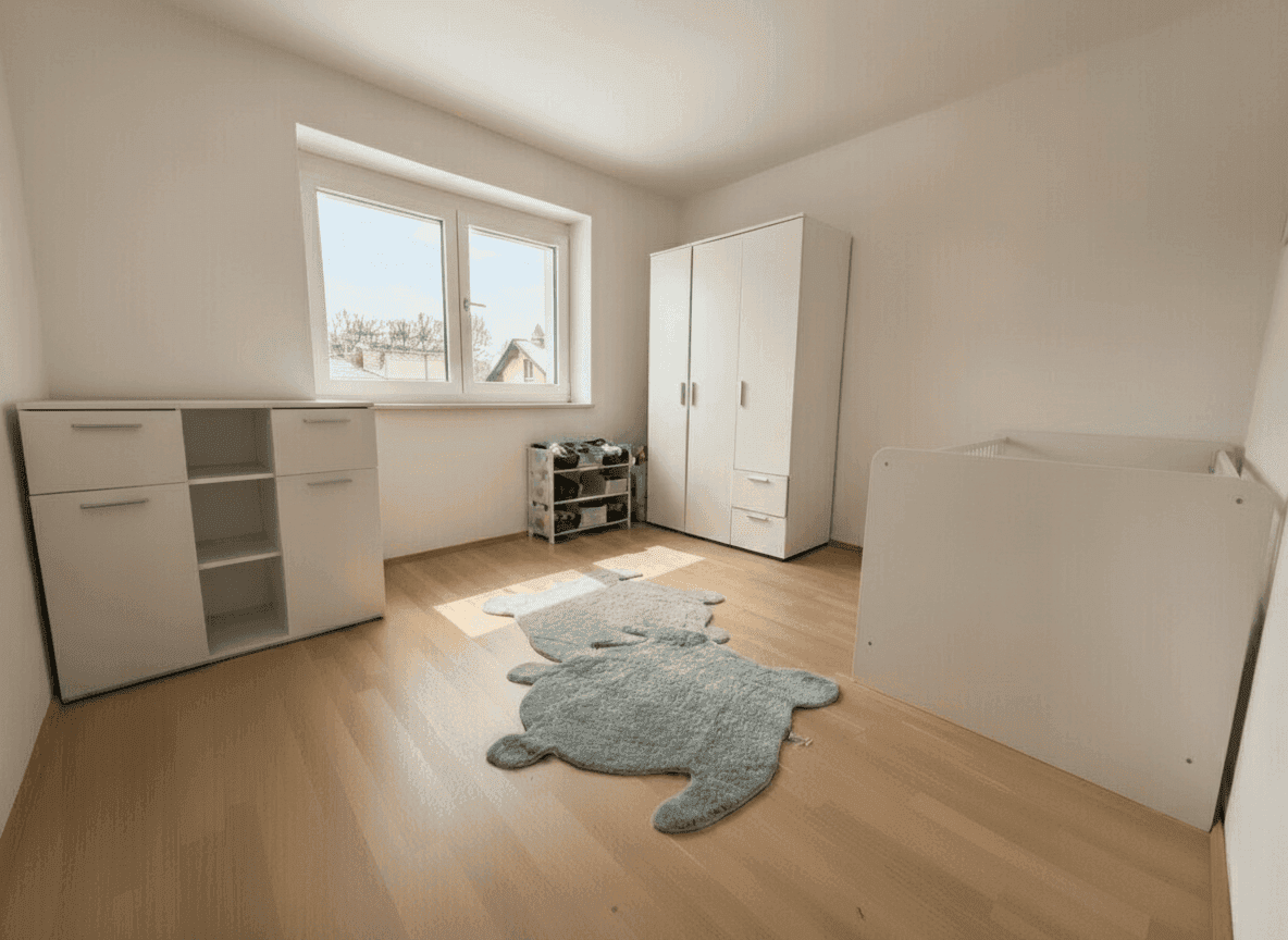 Helles Schlafzimmer mit Parkettboden, weißem Kleiderschrank und Kinderbett.