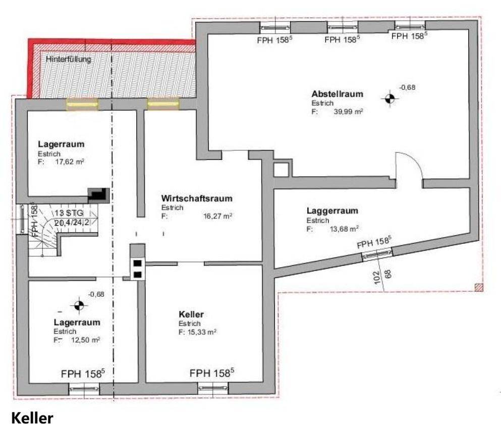 Grundriss des Kellers mit Lagerräumen, Wirtschaftsraum und Heizungsraum.