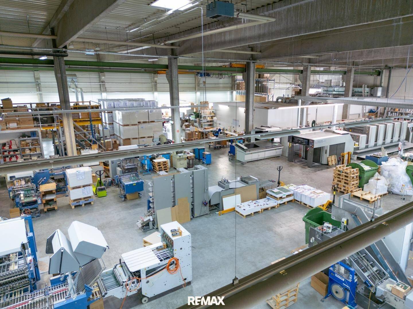 Überblick über die Produktionshalle mit zahlreichen Druckmaschinen und Arbeitsbereichen.