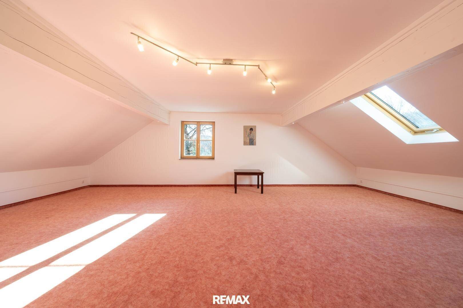 Geräumiges Dachzimmer mit rosa Teppichboden, Dachfenster und schrägen Wänden.