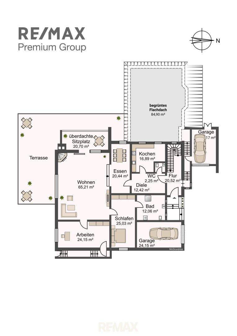 Grundriss des Erdgeschosses mit Wohnbereich, Küche, Büro, Schlafzimmer und Terrasse.