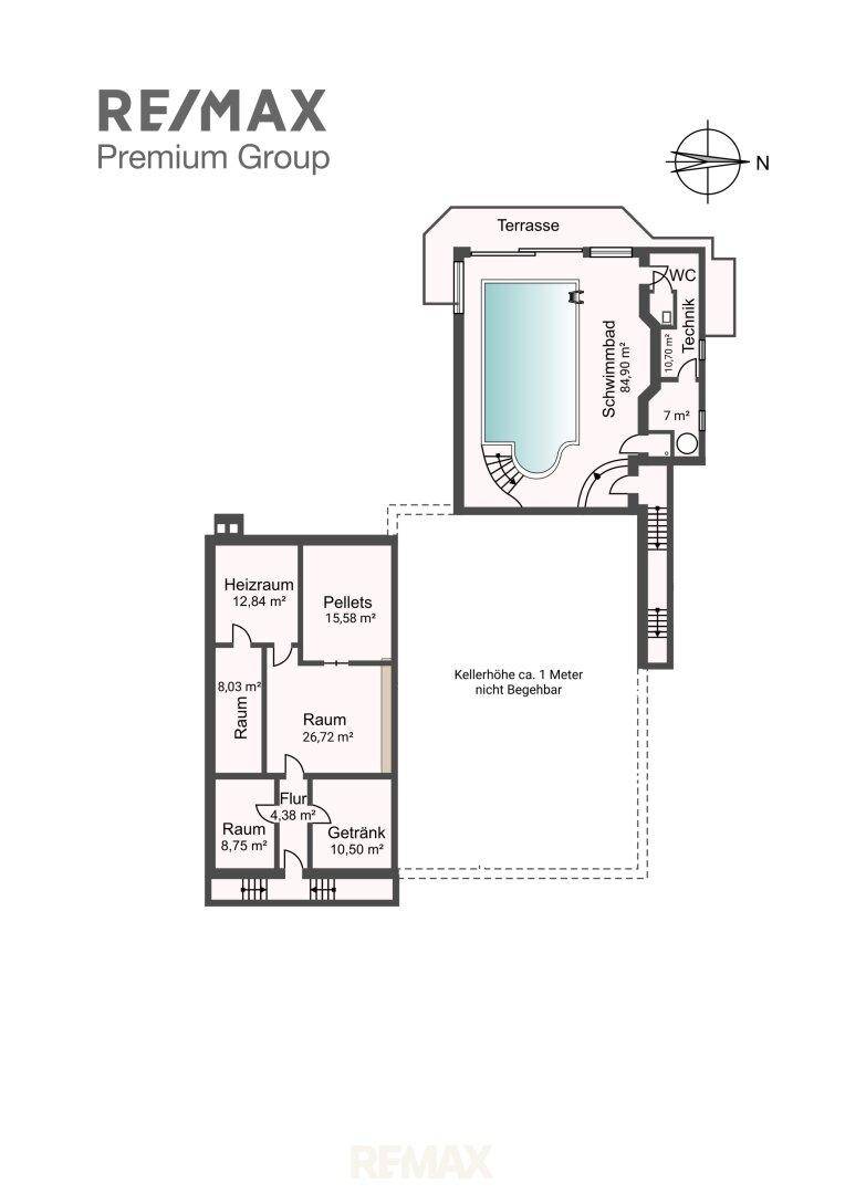Grundriss des Untergeschosses mit Schwimmbad, Heizraum, Pelletlager und weiteren Räumen.