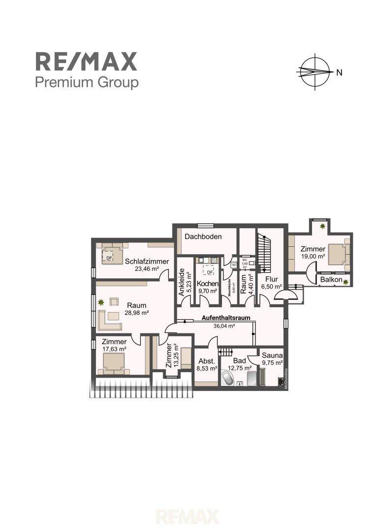 Grundriss des Obergeschosses mit mehreren Schlafzimmern, Bad, Sauna und Balkon.