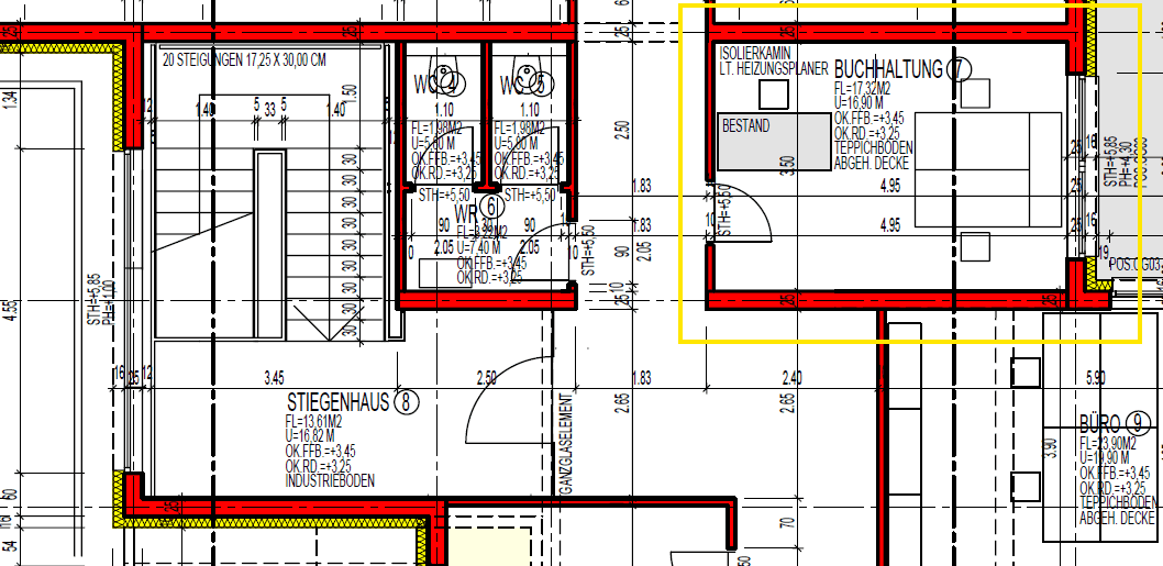 Grundrissausschnitt mit Treppenhaus, Büroräumen und angrenzenden Funktionsbereichen.
