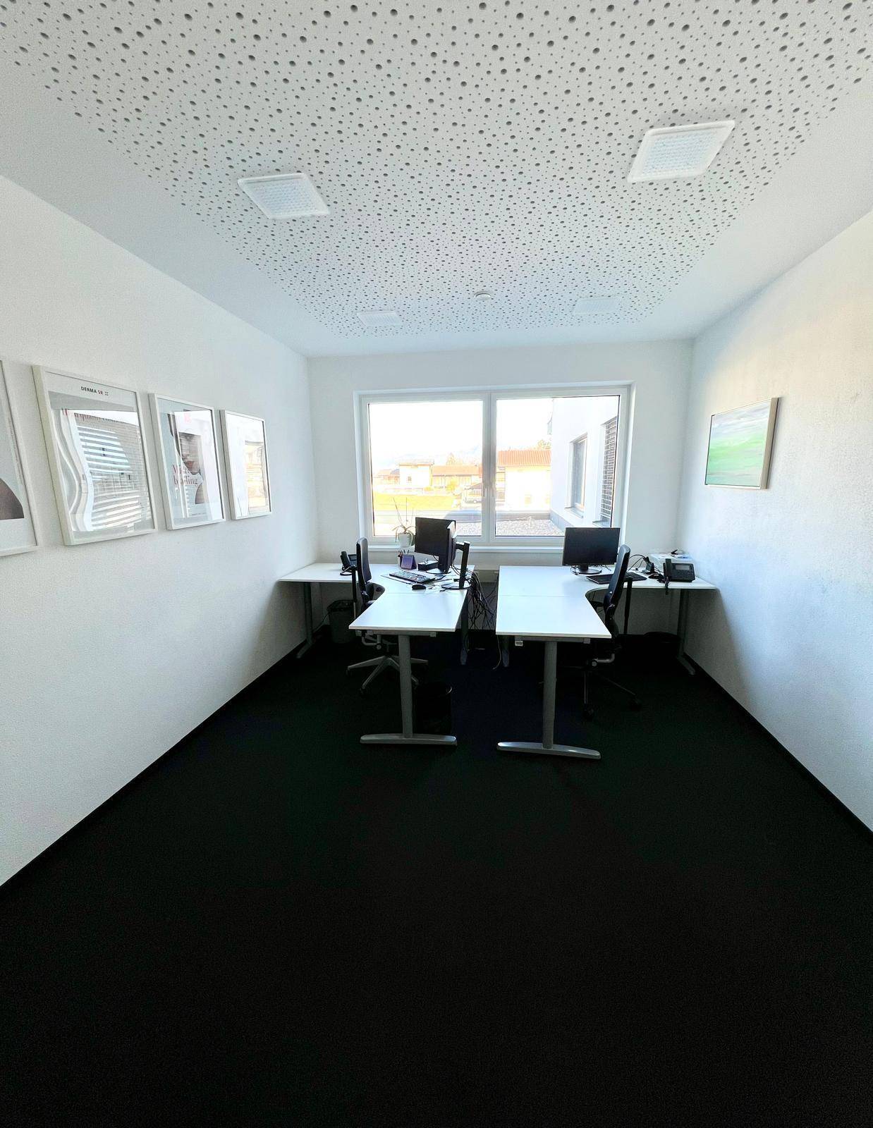 Helles Büro mit zwei Schreibtischen, dunklem Teppichboden und weiß gestrichenen Wänden.
