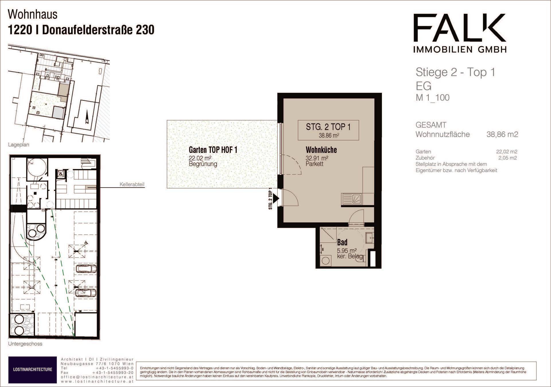 Grundrissplan einer Wohnung mit Wohnküche, Bad und Zugang zu einem privaten Gartenbereich.
