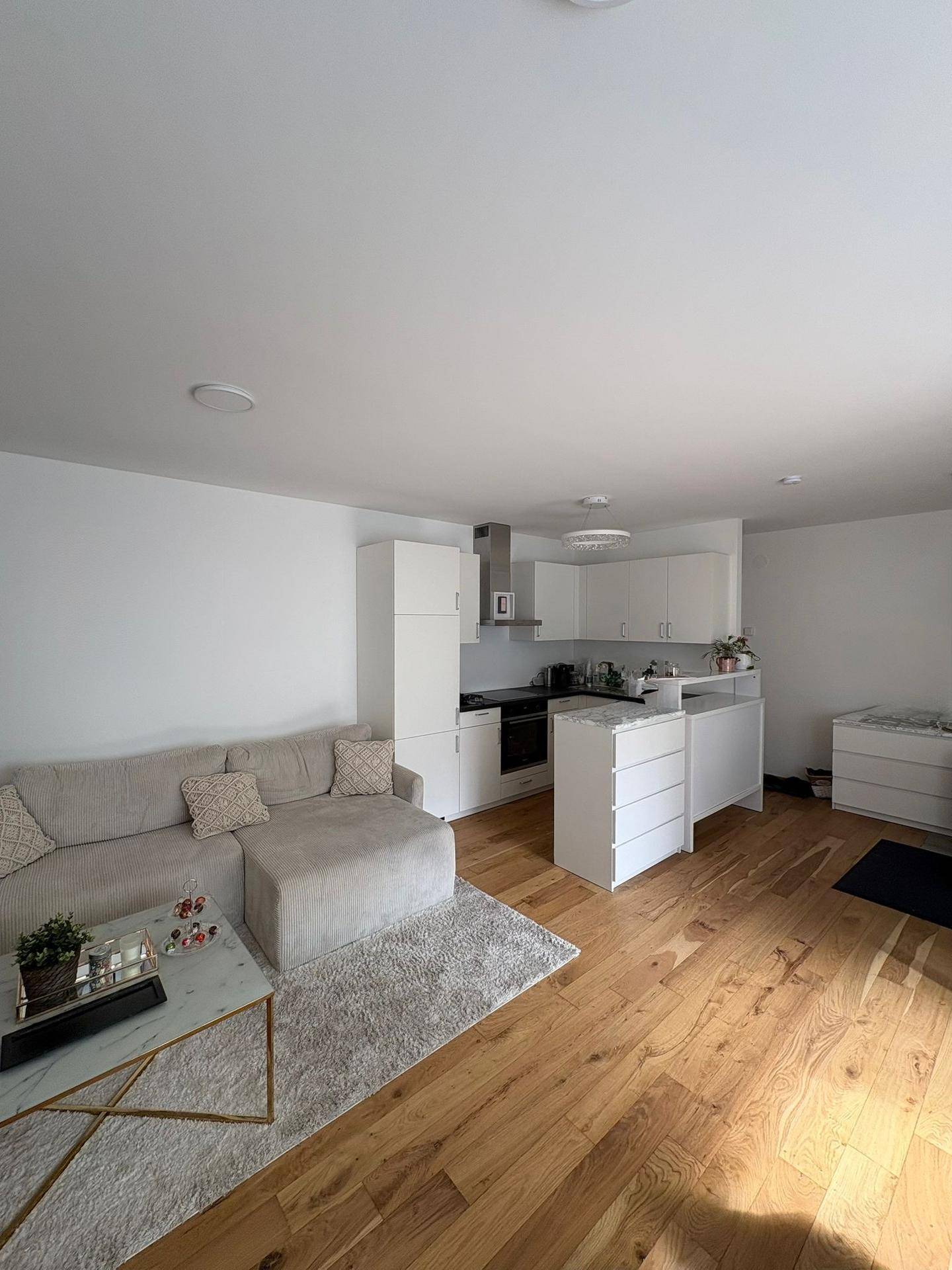 Offener Wohnbereich mit integrierter weißer Küche, hellem Sofa und Holzboden.
