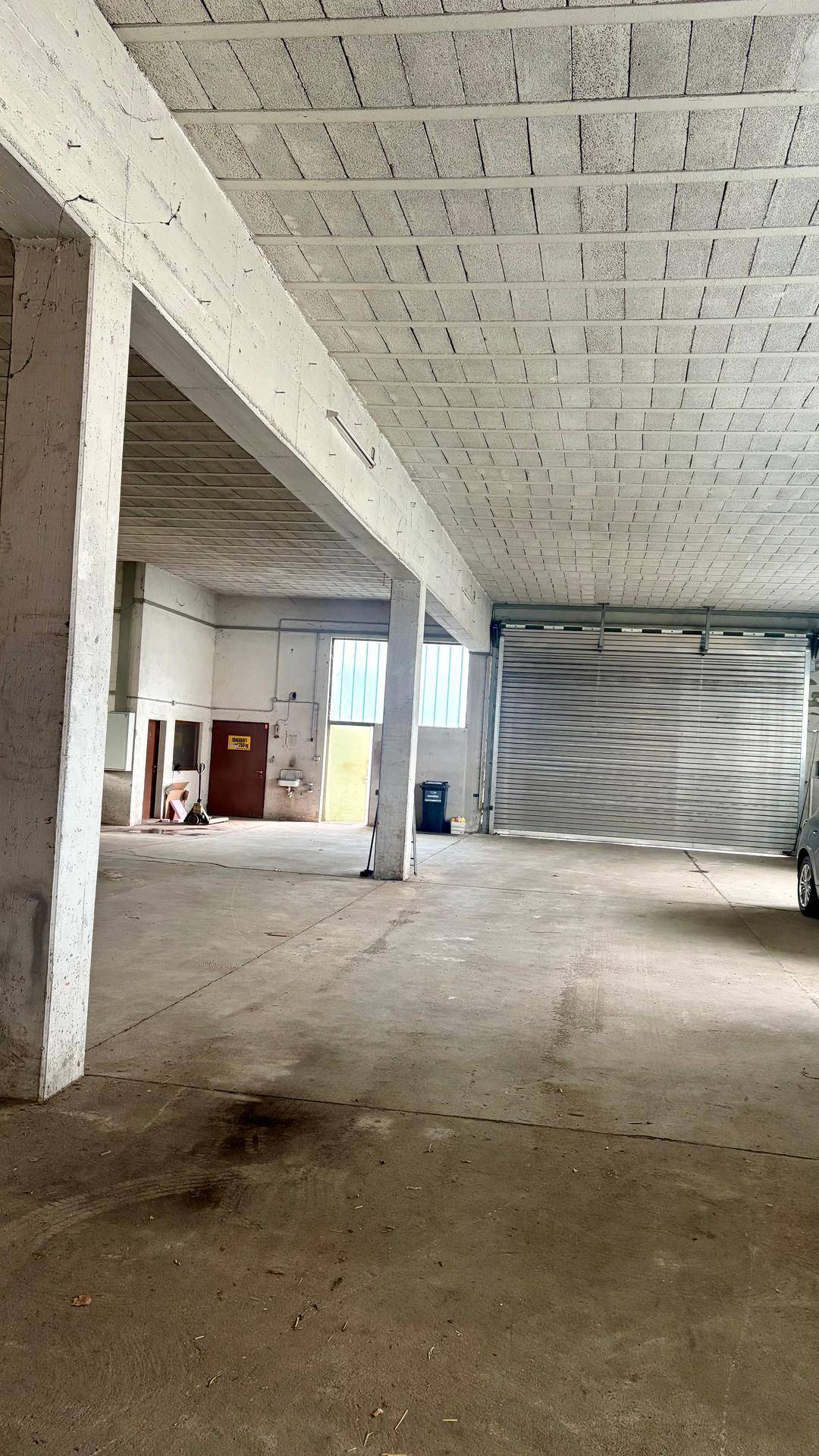 Innenansicht der Lagerhalle mit Betonstützen, Rolltor und Zugang zu weiteren Räumlichkeiten.