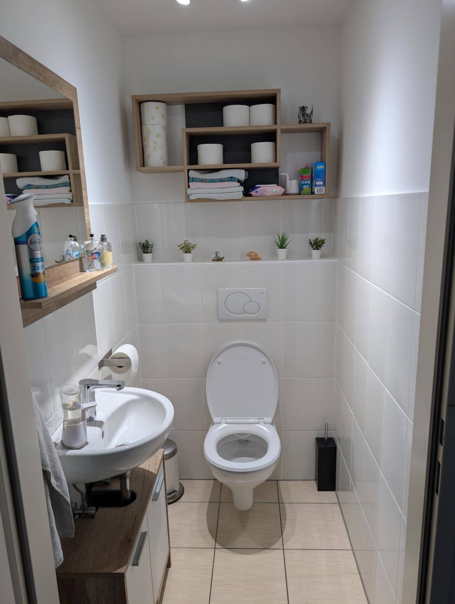 Modernes Gäste-WC mit wandhängendem WC, kleinem Waschbecken und praktischen Ablagen.