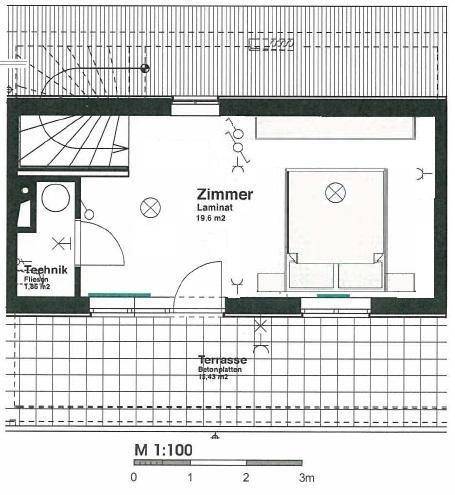 Grundriss des Dachgeschosses mit einem Zimmer und einer weiteren Terrasse.