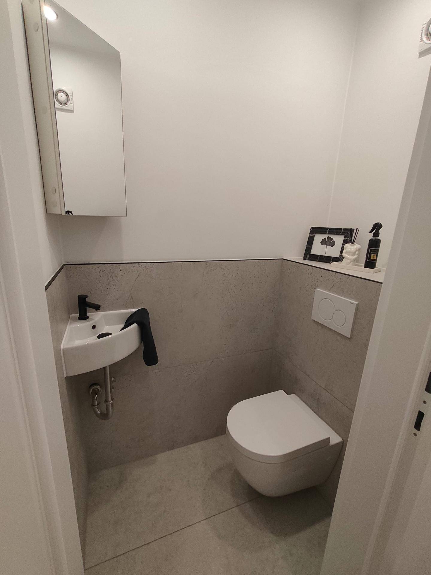 Modernes Gäste-WC mit wandhängender Toilette, kleinem Eckwaschbecken und Spiegelschrank.