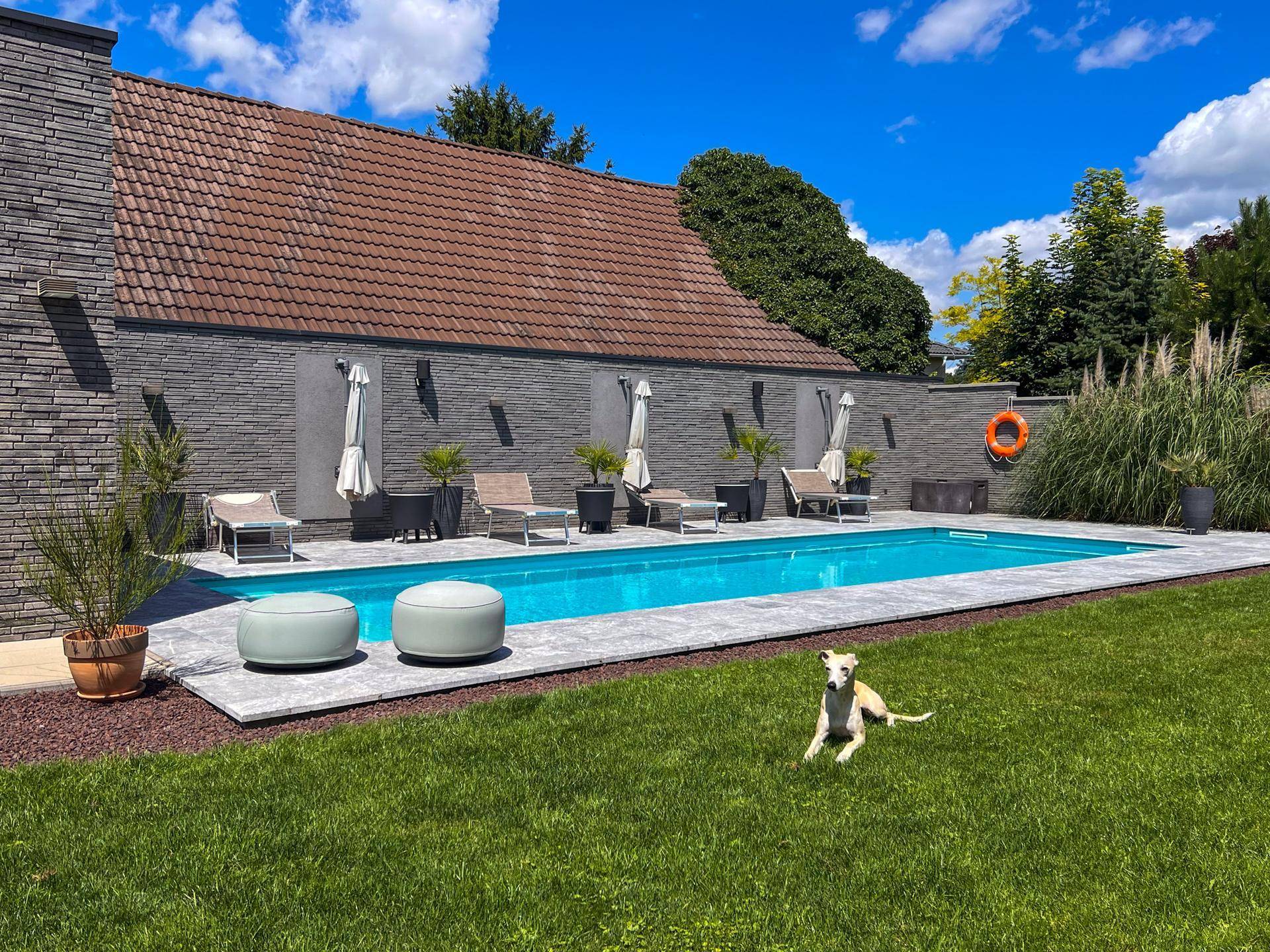Großer Gartenbereich mit privatem Pool, Liegestühlen und gepflegtem Rasen unter blauem Himmel.