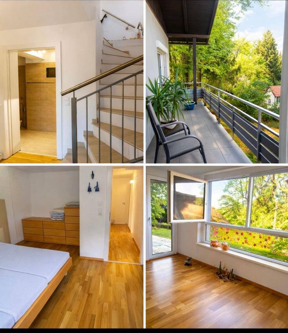 Collage verschiedener Innenbereiche mit Holzfußböden und einem Balkon mit Grünblick.