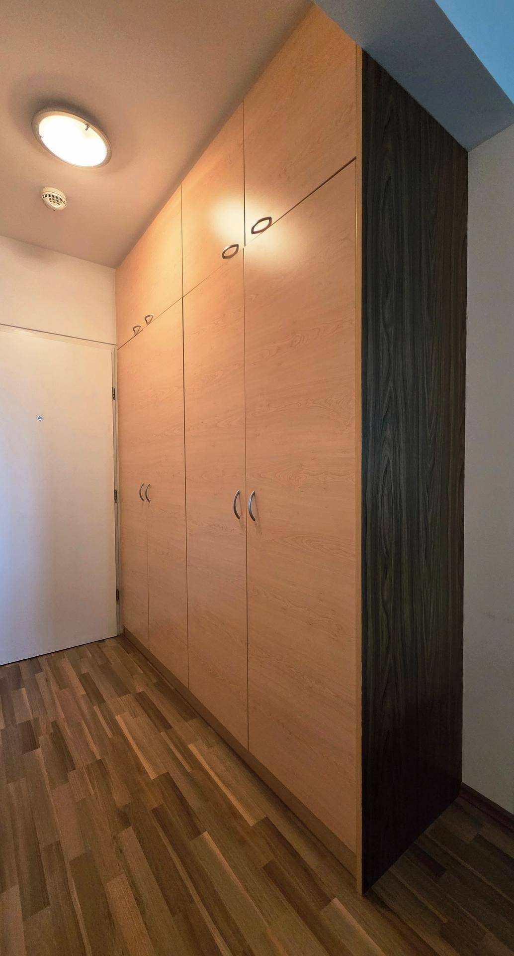 Langer Flur mit durchgehenden Einbauschränken aus Holz für viel Stauraum.