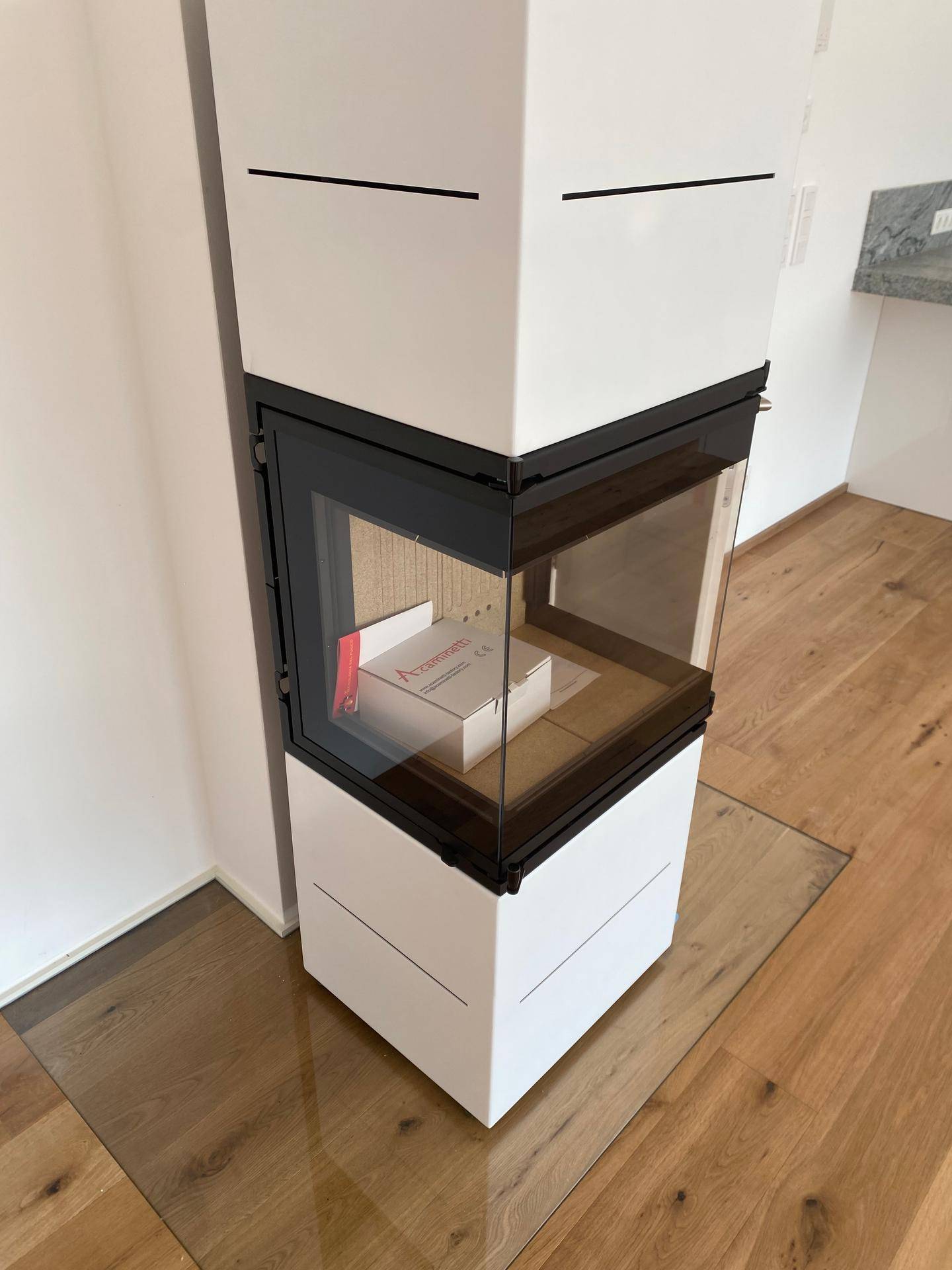 Moderner Kamin mit Glasfront in einem hellen Raum mit Holzboden.