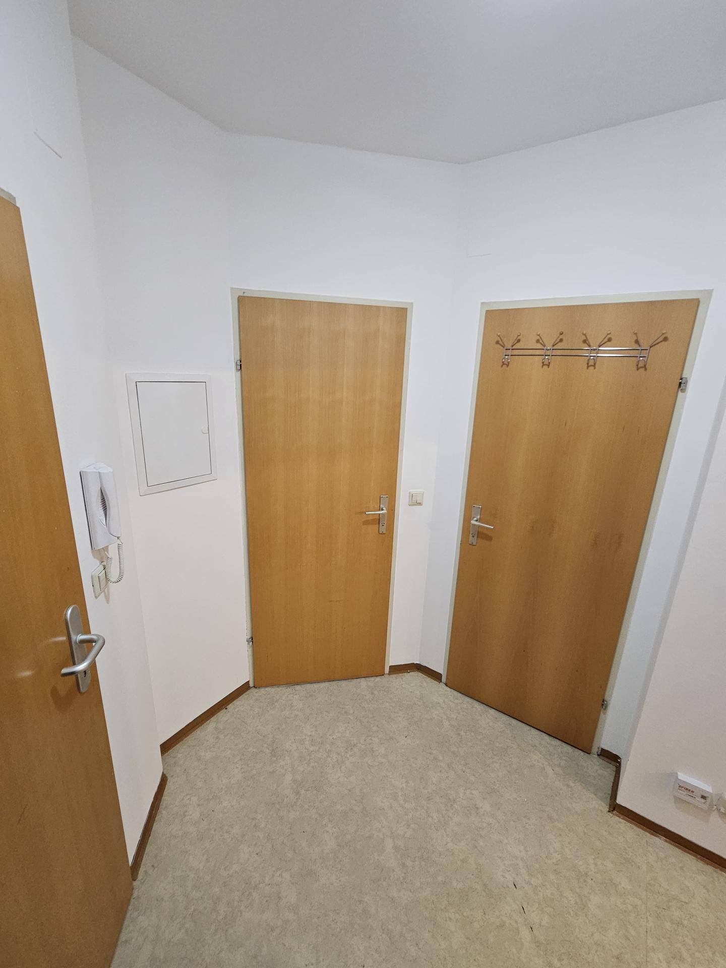 Eingangsbereich mit mehreren Holztüren und praktischen Garderobenhaken an der Wand.