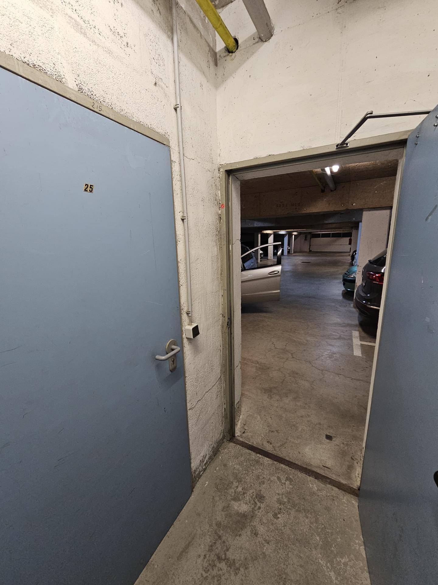Eingang zu einem Kellerabteil oder einer Tiefgarage mit blauen Türen.