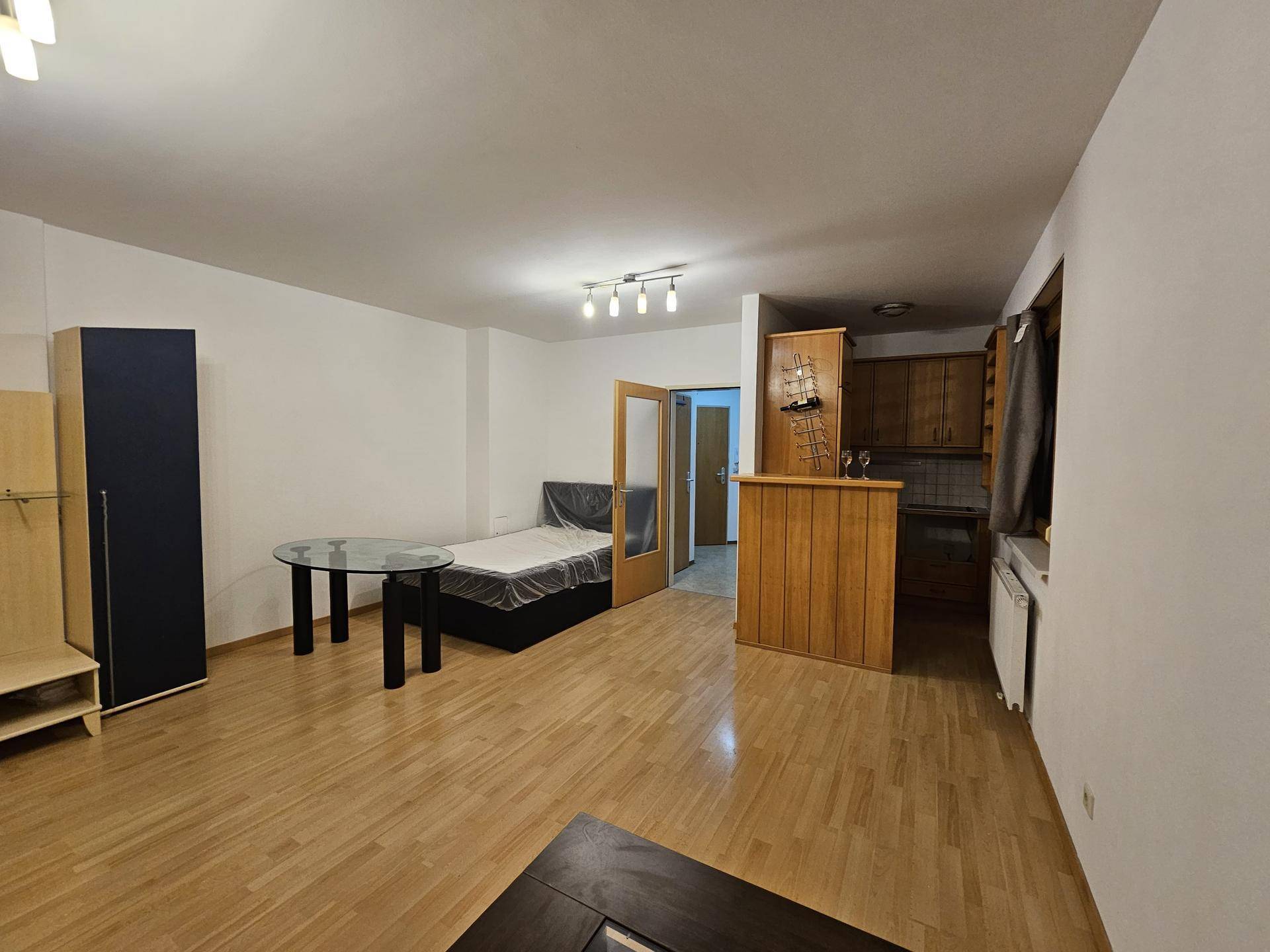 Heller Wohnraum mit Holzboden, Schlafbereich und einer funktionalen Küchenzeile mit Bar.